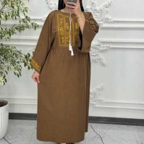 مانتو زنانه لینن گلدوزی کیمونو قهوه ای 2760