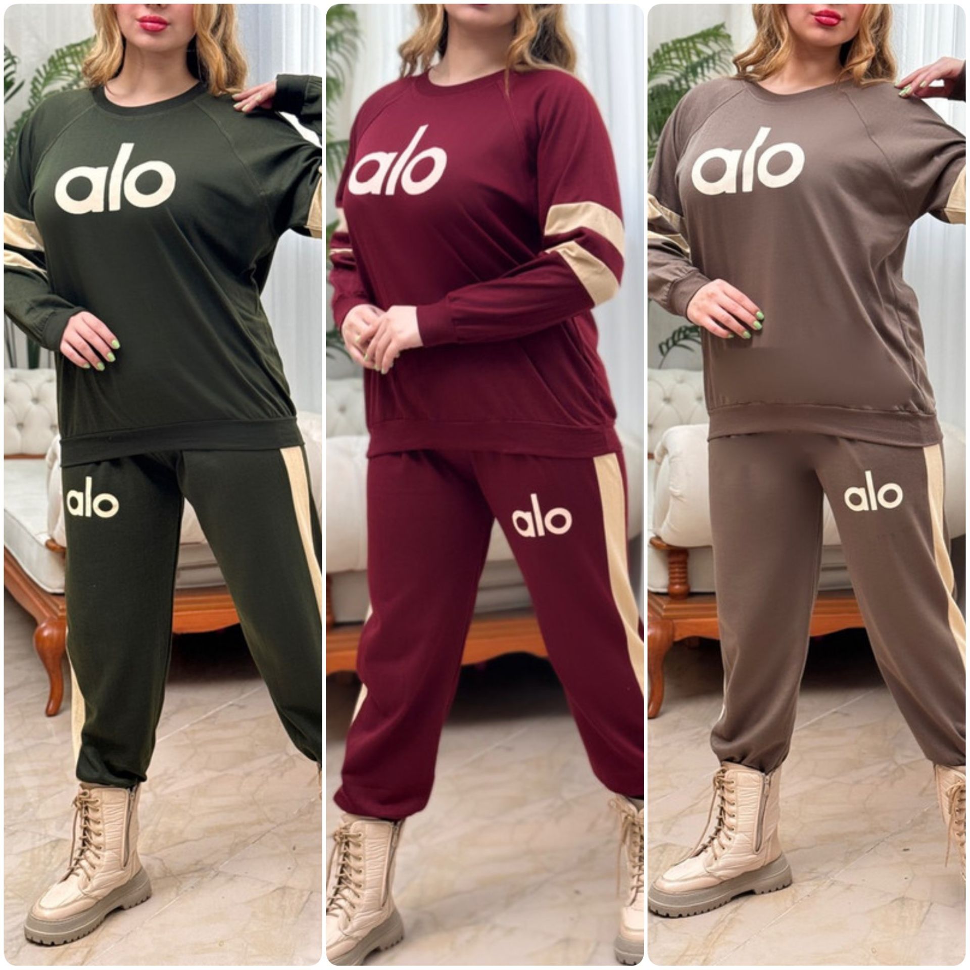 ست زنانه بلوز و شلوار استین دار راحتی رنگبندی مشکی و زرشکی و سبز یشمی 402874 - Image 3