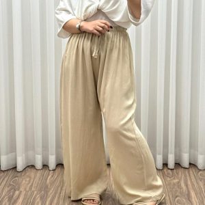 شلوار زنانه نخی خنک و راحت روزمره رنگ کرم 407479